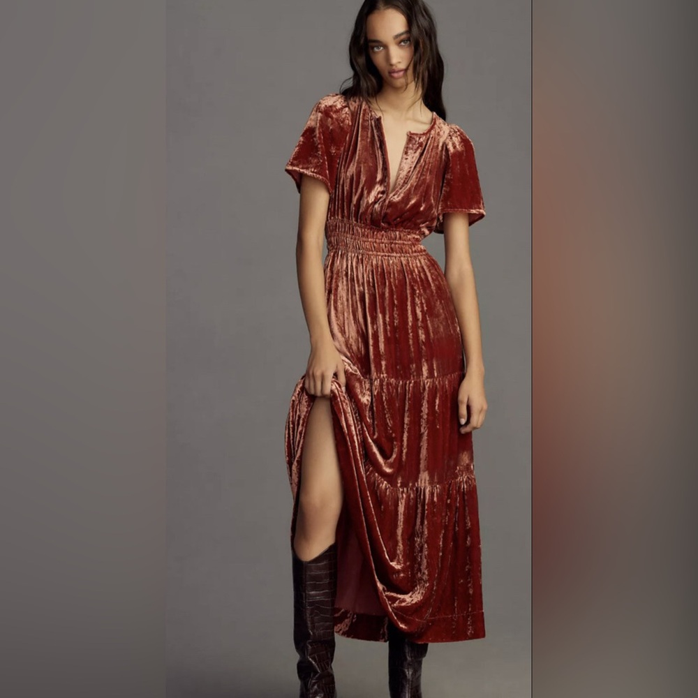 The Somerset Maxi Dress Velvet Edition, Anthropologie, tiered smocked auburn
